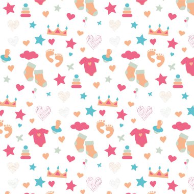 Güzel bebek, çorap, meme ucu, oyuncak, ayak izi, oyun kıyafeti, piramit. Bebek eşyaları ve giysileri için baskı tasarımı. Tasarımınız için doku, tebrik kartları, hediye paketleri, posterler, tekstil