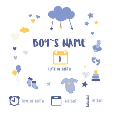 Çocuk posterleri, boy, kilo, doğum tarihi. Beyaz arka planda hoş bir illüstrasyon. Çocuk odası için yeni doğan ölçüsü.