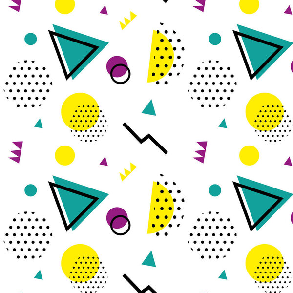 Мемфис образца 80-90-х годов на красном фоне. В стиле Мемфиса. Цветной геометрический узор различных форм цветовой стиль. Дизайн обложки, абстрактный узор, хипстерская мода.