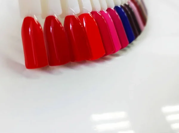 Diferentes Unhas Coloridas Polonês Manicure Paleta Fundo Amostras Vernizes Prego — Fotografia de Stock