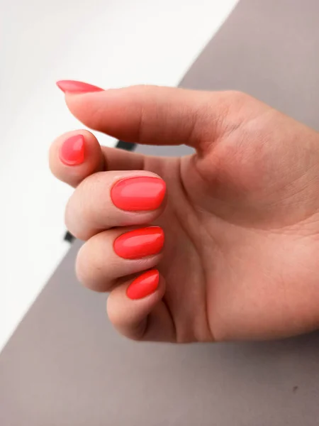 Female hands with red nail design. Manicure and Hands Spa. . Beauty treatment. Beautiful woman\'s nails with beautiful baby boomer manicure copy space for. Manicured nails and Soft hands skin . Closeup