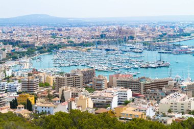 Palma Mallorca yat limanının panoramik ufuk çizgisi manzarası. Arka planda La Seu Katedrali görünüyor.
