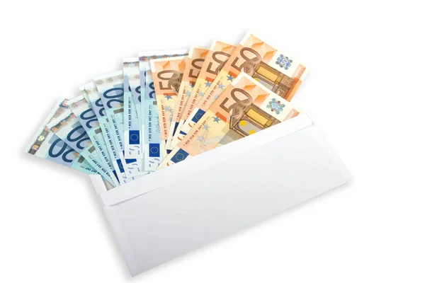White envelope with 50 and 20 euro bills. — Stock Photo, Image