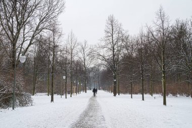 Tierkarden Branderburg Kapısı 'na giden yol, Branderburger Tor, kışın kar ve tanınmayan insanlarla.