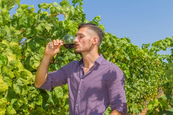 Giovane contadino assaggia un bicchiere di vino rosso — Foto Stock