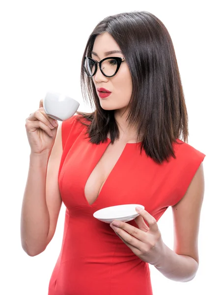 Chica de oficina con una taza de café —  Fotos de Stock