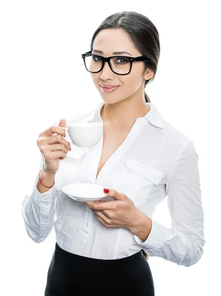 Chica de oficina con una taza de café —  Fotos de Stock