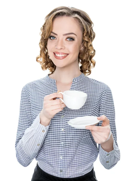 Chica de oficina con una taza de café —  Fotos de Stock