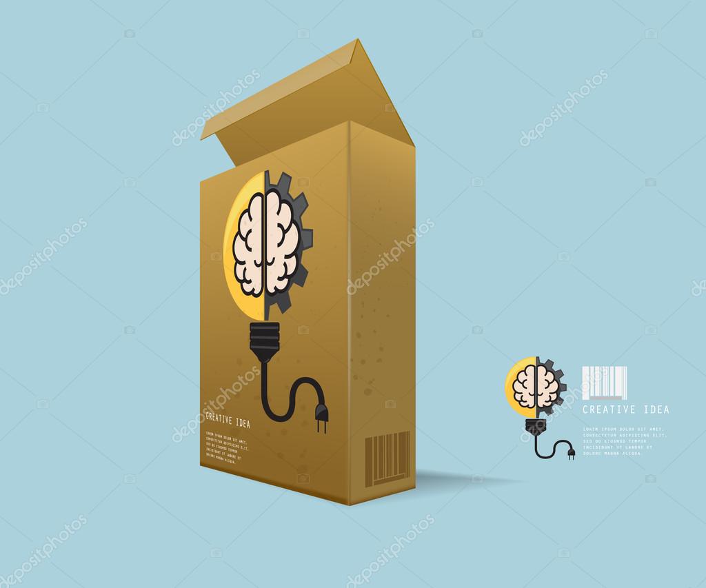 Creative Idea In Package, Instant Idea in Recycle Box with Light Bulb with Cog Gear Wheel and Brain Logo Creative Idea Concept Vector Illustration