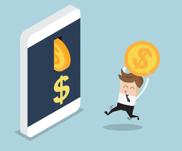 Podnikatel dát minci do mobilní bankovnictví — Stockový vektor
