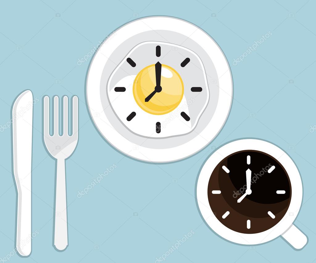 Breakfast time fried egg and coffee with clock vector illustration