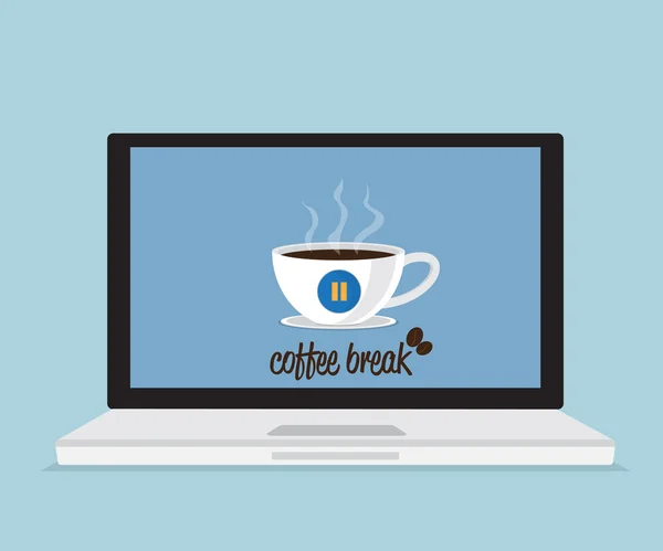 Pausa café con taza de café en el ordenador portátil — Vector de stock