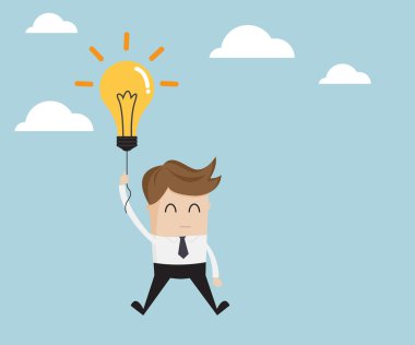 ampul fikir balon ile uçan işadamı