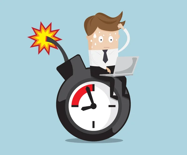 Businessman sitting working on time bomb near deadline — Stock Vector