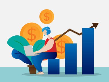 Para ve büyüme grafiği çizimi için dizüstü bilgisayarla çalışan kız