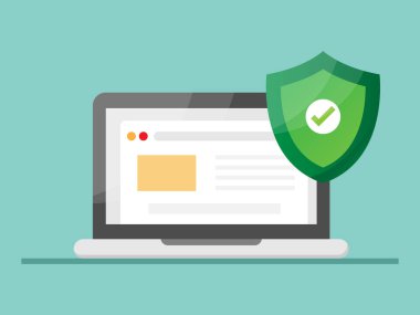 Dizüstü bilgisayarı ve kalkanı olan güvenilir site vektör illüstrasyonunu düz tasarladı