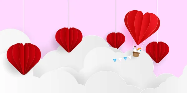 抽象的なバレンタインデーの背景ハート型の風船雲の上を飛ぶカップル紙のアート漫画のベクトルイラスト — ストックベクタ