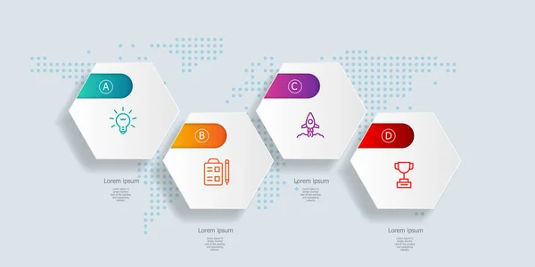 Infographie Abstraite Horizontale Hexagone Chronologie Étapes Avec Carte Monde Pour — Image vectorielle