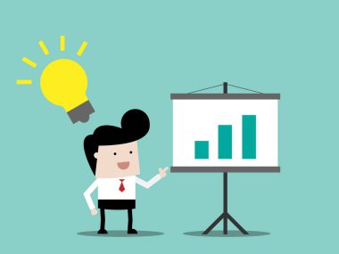 İş dünyasının sunum konsepti karikatür vektör çizimi düz tasarım hakkında fikri olan iş adamı