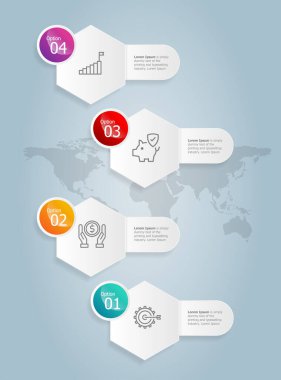 soyut altıgen dikey bilgi grafikleri sunum ögesi şablonu iş simgesi 4 seçenek illüstrasyon arka planı