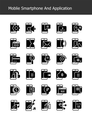 Katı glyph mobil akıllı telefon teknolojisi simgeleri vektör illüstrasyonunu paketler