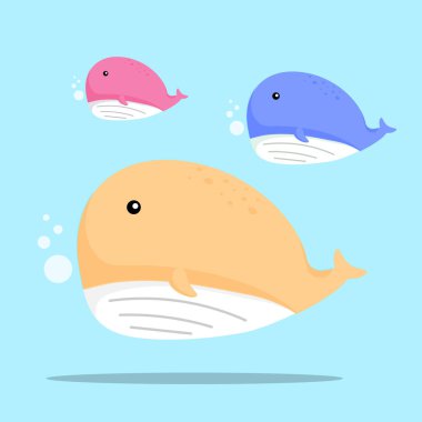 Şirin balina çizgi film düz tasarım vektör çizimi