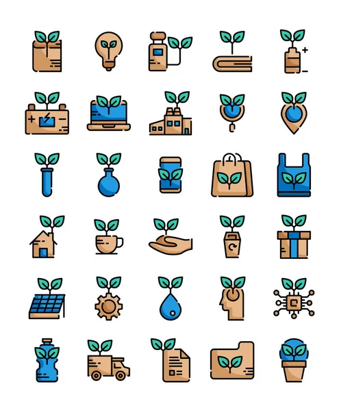 Conjunto Contorno Llenado Eco Amigable Iconos Vector Ilustración — Archivo Imágenes Vectoriales