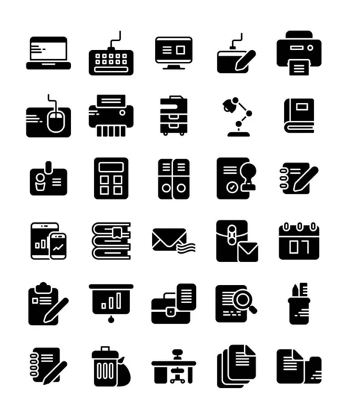 Set Office Supplies Tools Working Solid Glyph Icons Vector Illustration — Stock Vector