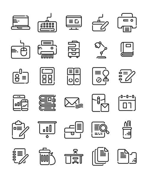 Set Office Supplies Tools Working Simple Line Icons Vector Illustration — Stock Vector