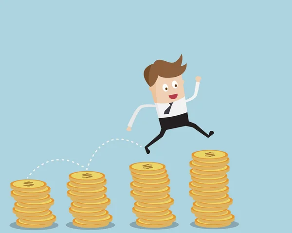 Businessman Jump On Coins Stack — Stock Vector