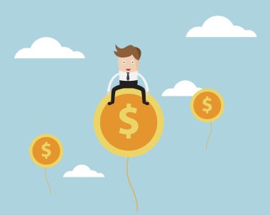 Para sikke balon üzerinde oturan işadamı