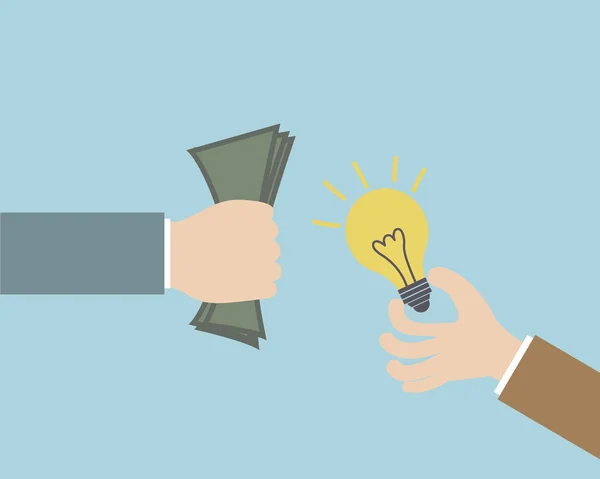 Ruky směnit peníze za žárovka Idea — Stockový vektor