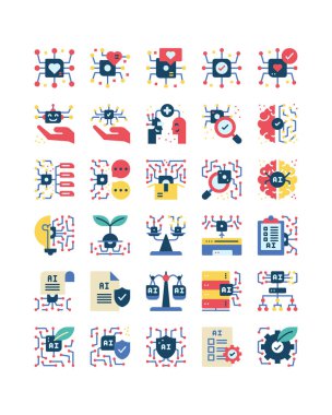 Ethical AI, AI Governance, flat icon set, vector illustration