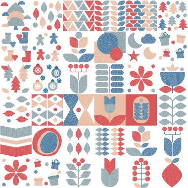Soyut noel afişi, poster, kapak ya da kartpostal. Geometri Modern İskandinav tarzı, vektör illüstrasyon arka planı