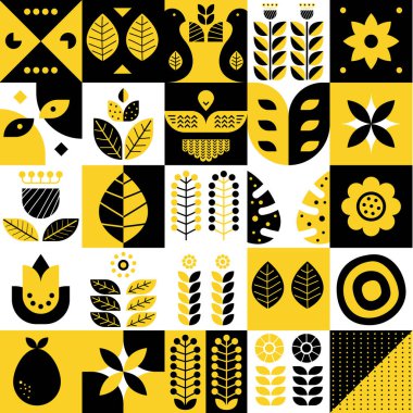 Soyut sarı ve siyah pankart, poster, kapak ya da kartpostal. Geometri Modern İskandinav tarzı, vektör illüstrasyon arka planı