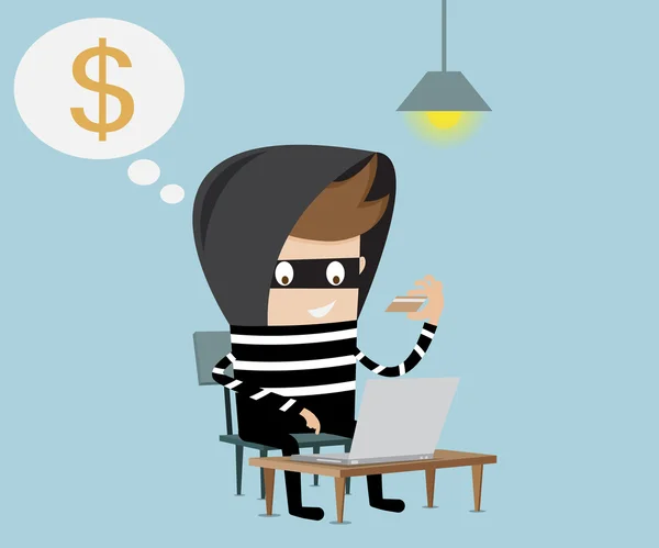 Thief using fake credit card on internet — Stock Vector