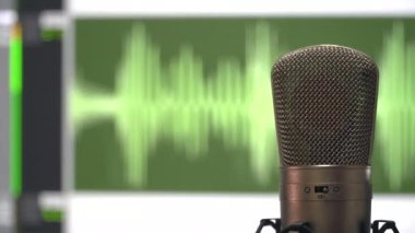 Mikrofonu kapat canlı kayıt Podcast, röportaj, radyo müzik stüdyosu kaydı yeşil dalga boyu çalışma arkaplanı.