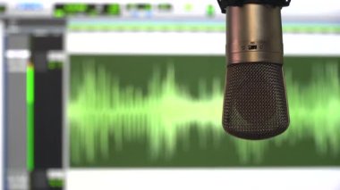 Mikrofonu kapat canlı kayıt Podcast, röportaj, radyo müzik stüdyosu kaydı yeşil dalga boyu çalışma arkaplanı.