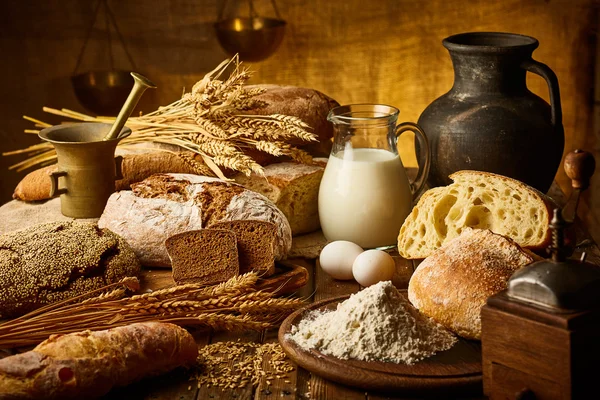 Bread, eggs, milk and wine Stock Picture