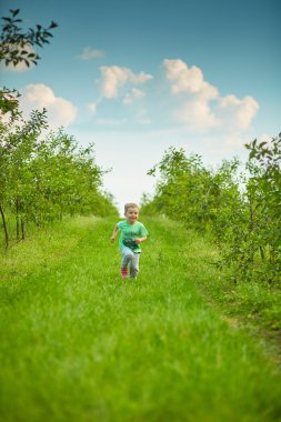 Mutlu küçük çocuk yeşil bahçesinde çalışır 
