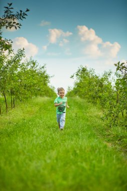 Mutlu küçük çocuk yeşil bahçesinde çalışır 
