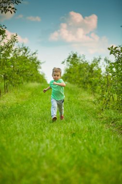 Mutlu küçük çocuk yeşil bahçesinde çalışır 