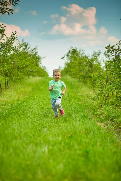 Felice bambino corre nel giardino verde — Foto Stock