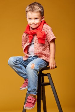schattige kleine jongen poseren in studio 