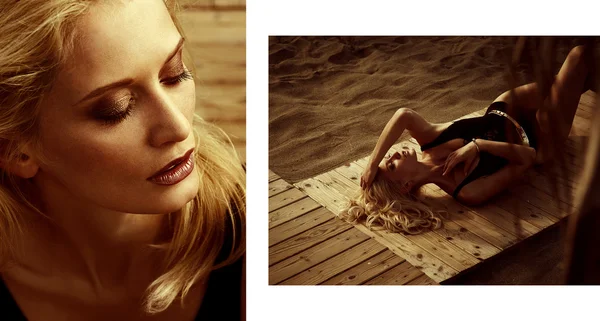 Привлекательная блондинка в купальнике лежит на песчаном пляже — стоковое фото