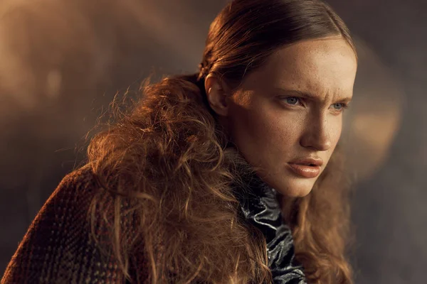 Portrait Photo Girl Freckles Brown Curly Tails Vintage Checkered Jacket — Stock Photo, Image