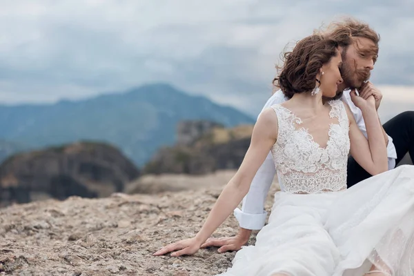 Wind Blows Hair Brides Background Clouds Sky — Stock Photo, Image