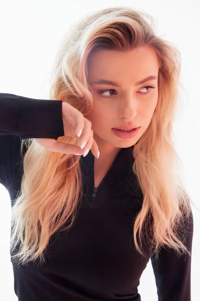 Chica Joven Con Pelo Blanco Sobre Fondo Pared Blanca Frota — Foto de Stock