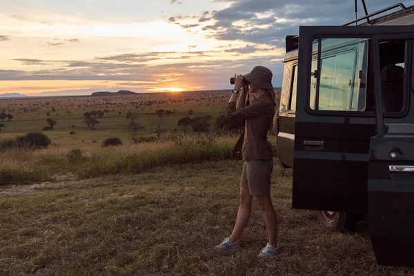 Meisje Dat Bij Een Toeristenauto Staat Tegen Achtergrond Van Zonsondergang Rechtenvrije Stockafbeeldingen
