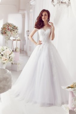 The beautiful woman posing in a wedding dress clipart